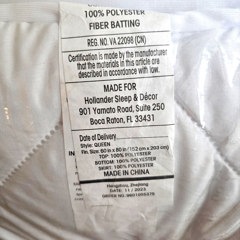 Hollander Sleep Mattress Topper Queen 60" x 80" Thick Pad Padded Quilted Fitted
